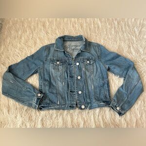 American Eagle Outfitters Light Blue Denim Jacket with Distressed Details